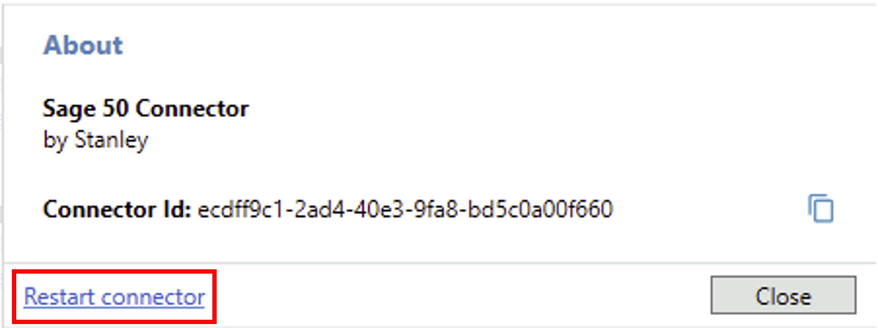 Restart connector link highlighted in the Sage 50 connector window.