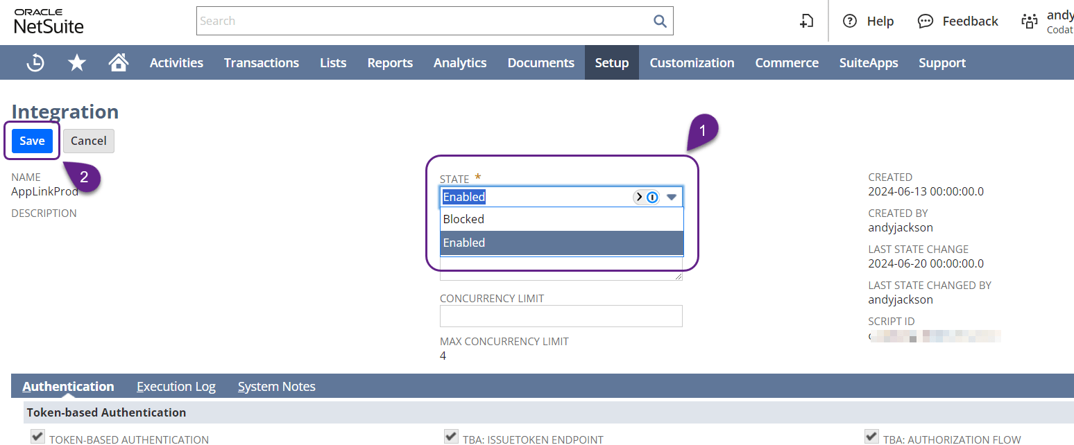 Screenshot of the NetSuite interface integration screen with the State dropdown and Save button outlined for attention